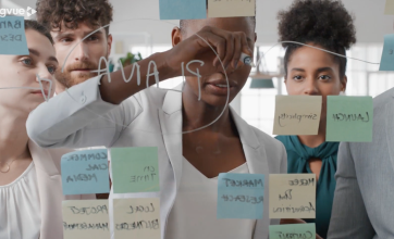 Image of a diverse group of four business professionals collaboratively working on a glass wall covered in sticky notes.