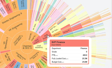 Colourful circular organisational chart displaying various corporate roles and departments in a radial format.