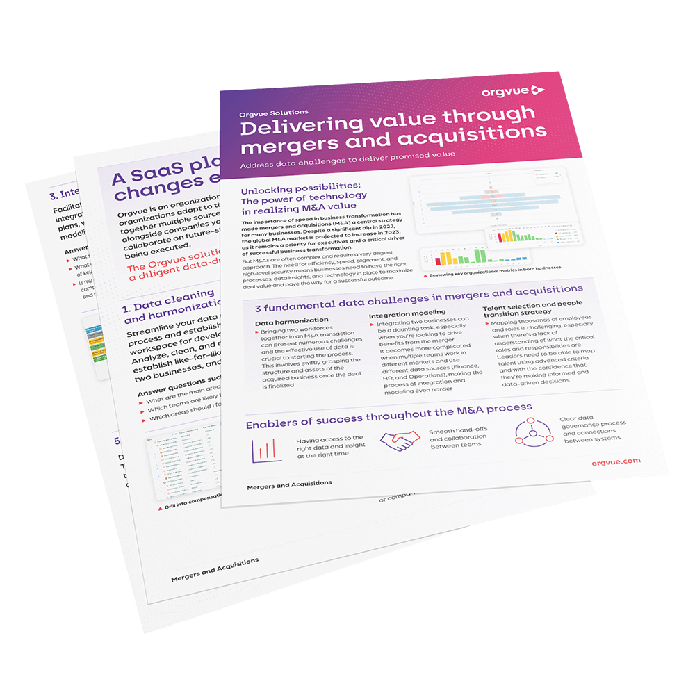 Preview of the Orgvue solution brief titled 'Delivering value through M&A'. By clicking on this image, you will be directed to the full solution brief.