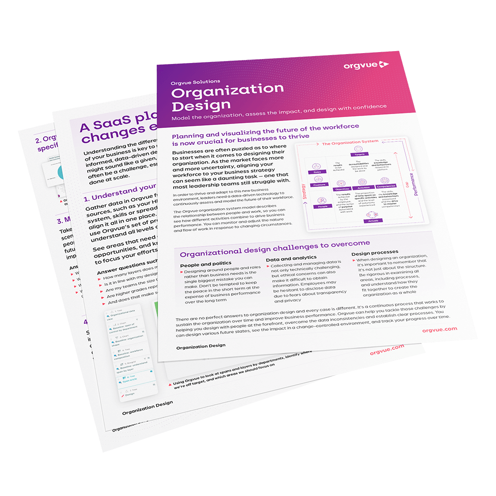 Preview of the Orgvue solution brief titled 'Organization Design'. By clicking on this image, you will be directed to the full Organization Design solution brief.