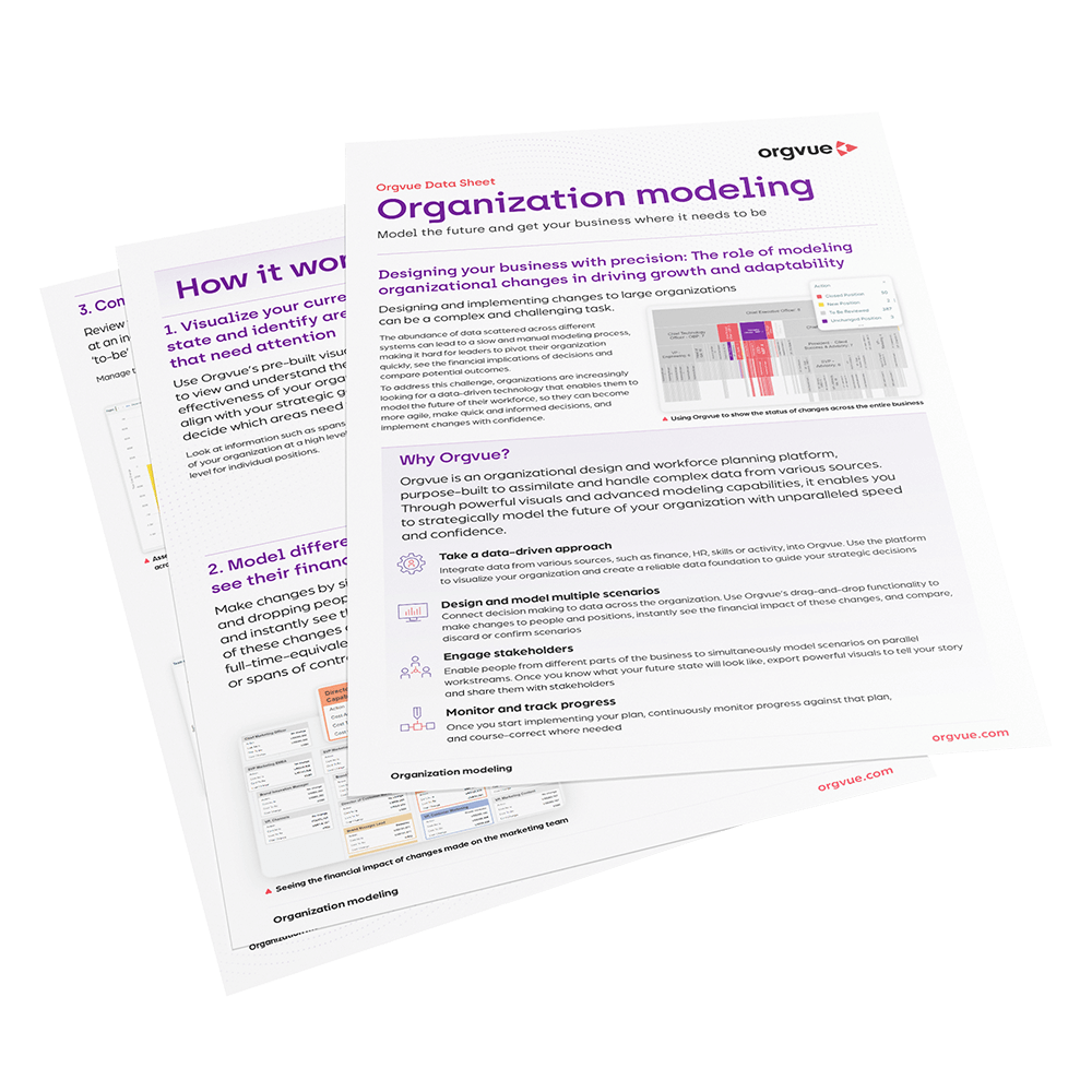 Preview of the Orgvue data sheet titled 'Organizational modeling' By clicking on this image, you will be directed to the full Organizational modeling data sheet