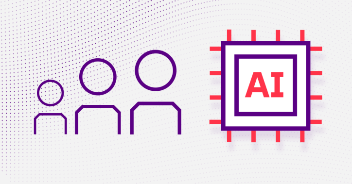 Three differently sized people icons representing different generations, alongside a computer chip icon representing AI